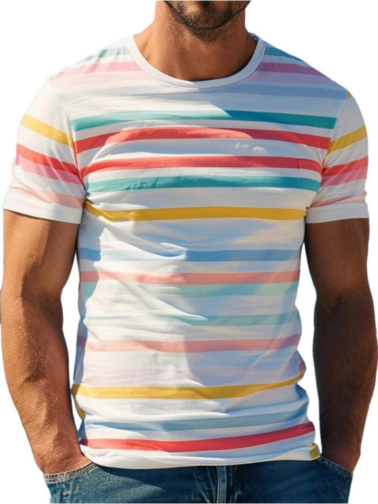 Men's T-Shirt Color Stripe Fashion Design 3D Printed Top Casual Daily Street Wear Summer Simple Short Sleeved Men's Y2k Clothing