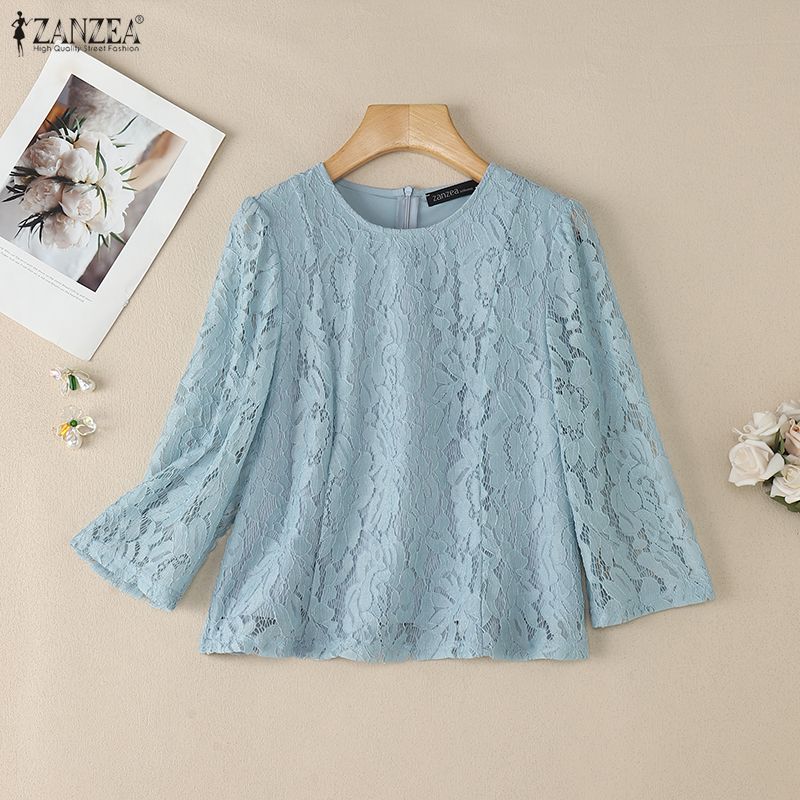 ZANZEA Kadın Günlük Yuvarlak Yaka 3/4 Kol Dantel Patchwork Bluz