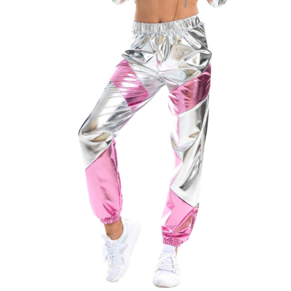 Kadın Parlak Pantolon Elastik Spor Pantolon Bol Eğlence Rahat Uzun Pantolon Eşofman Altı Koşu Altları Streç Tayt Parti Disko Clubwear