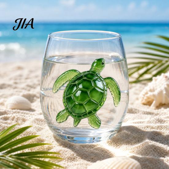 Durable Thick Base Glass Cups Stemless Wine Glasses with Marine Animal Pattern, 420ml Capacity, High Borosilicate Decorative Aesthetic Water Tumblers
