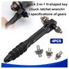 Set of 4 H-Type 2-In-1 Drill Chuck Key Ratchet Wrenches Featuring 3 Gear Specifications, a Versatile Black Tool Designed for Adjusting Drill Chucks