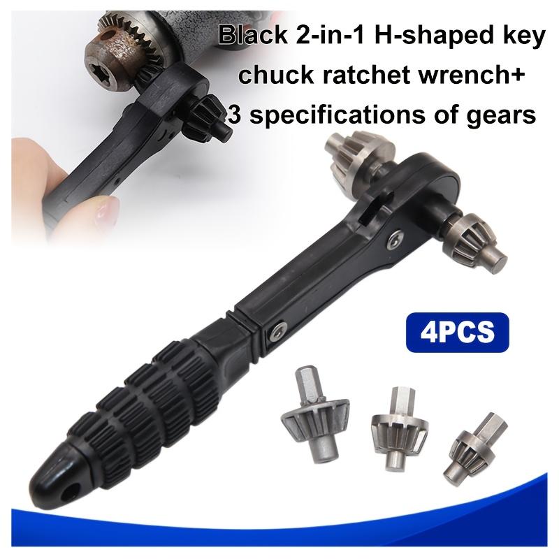 Set of 4 H-Type 2-In-1 Drill Chuck Key Ratchet Wrenches Featuring 3 Gear Specifications, a Versatile Black Tool Designed for Adjusting Drill Chucks