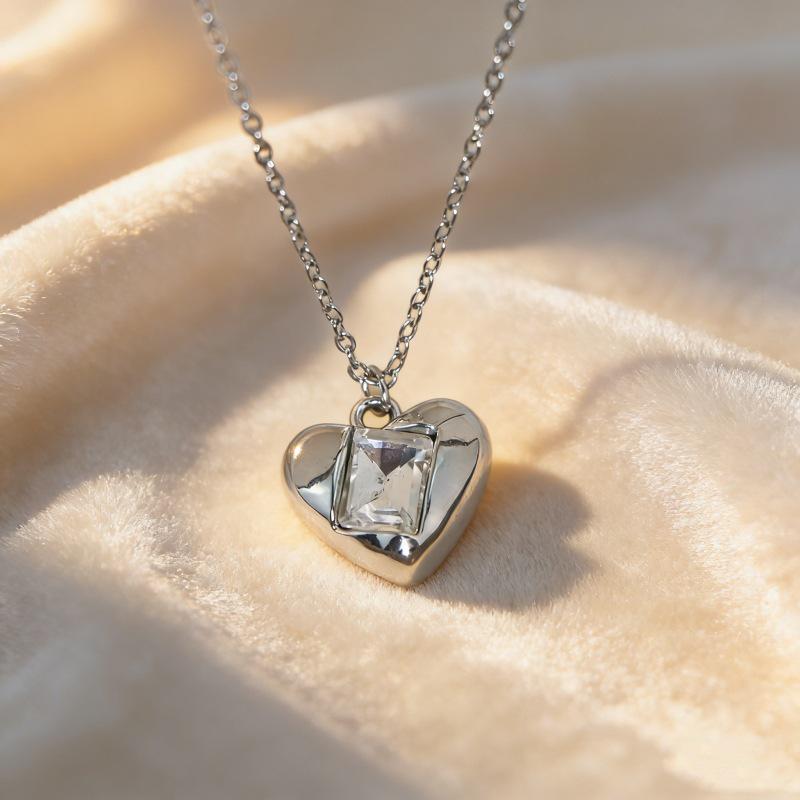 Crystal Heart Pendant Necklace - Multiple Colors, Silver Clavicle Chain, Fashion Jewelry
