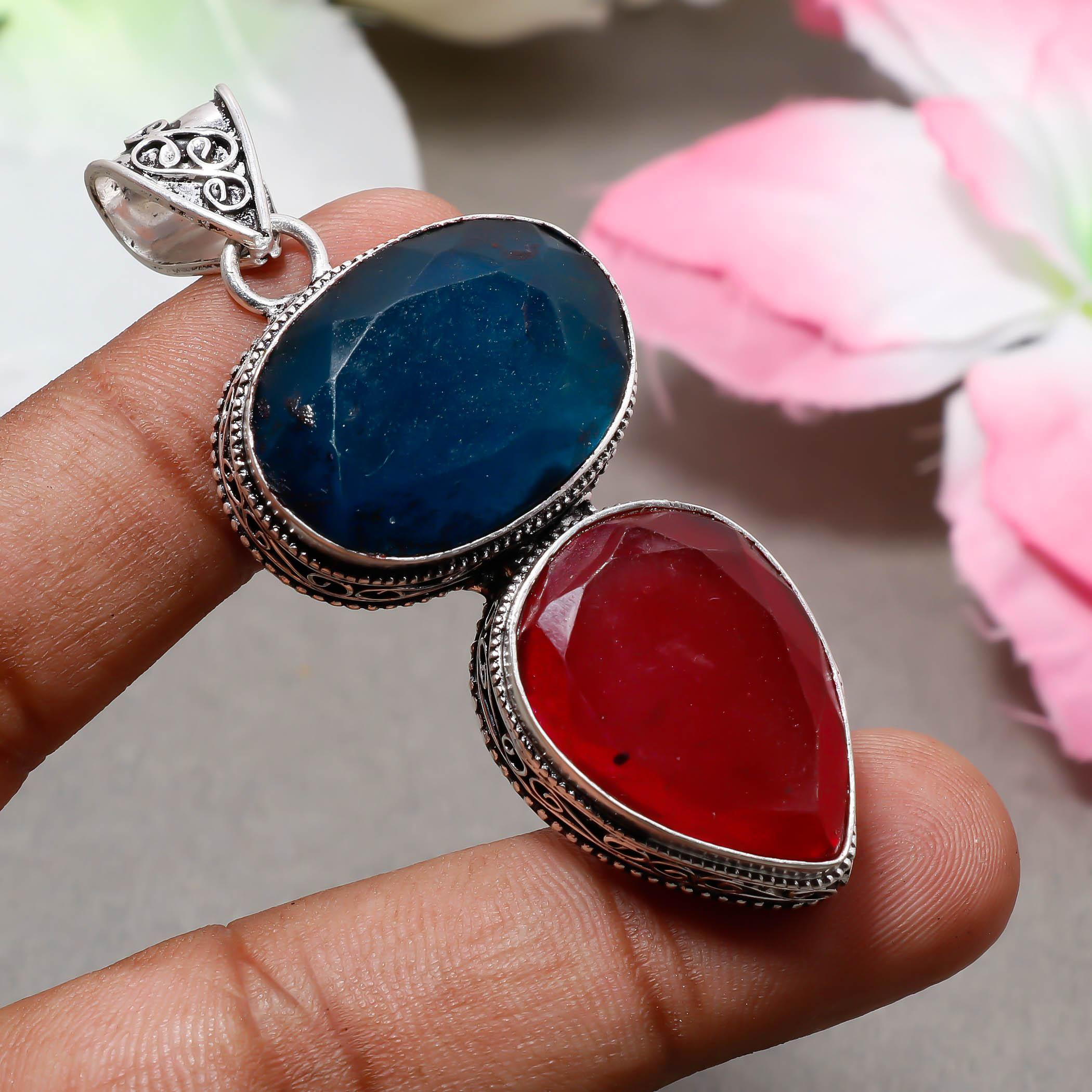 

Sapphire & Ruby Gemstone 925 Sterling Silver Boho Jewelry Antique Pendant