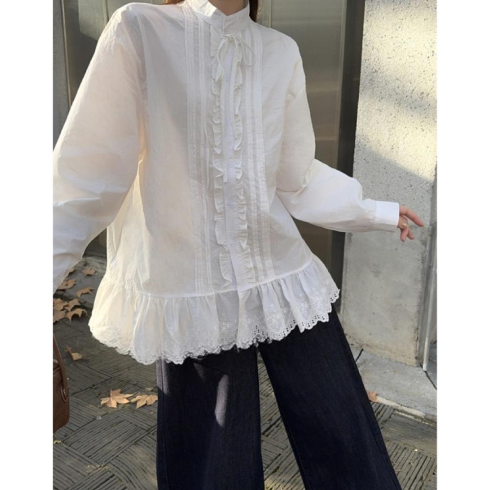 Autumn Lace Patchwork Tie-Up Stand Collar Long Sleeve Shirt for Women