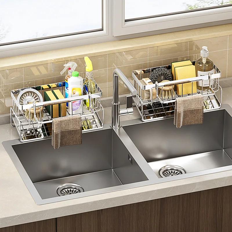 Bathroom Sink Storage Rack Metal Drain Rack with Cutlery Container Dishwashing Sponge Holder Kitchen Countertop Storage Shelf
