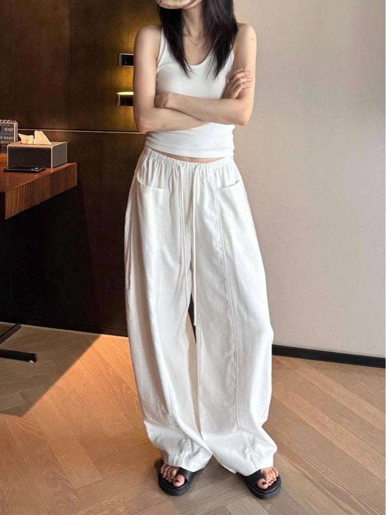 Women's Linen Cotton Casual Pants - 2026 Summer Elastic Waist Drawstring Long Straight Leg
