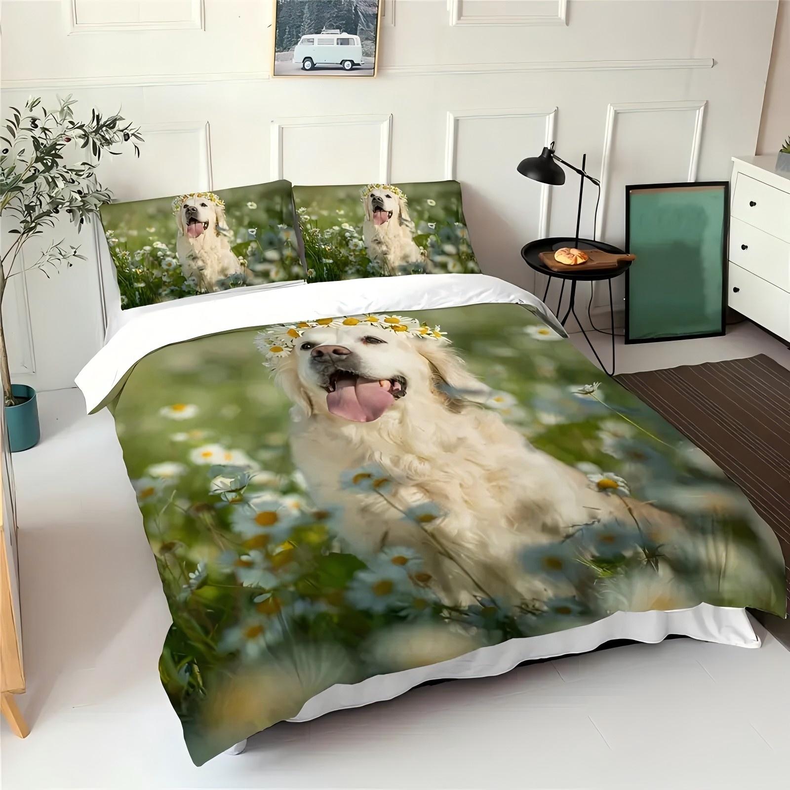 

Cute Dog Wreath Flowers 3D Printed Quilt Cover Set Cute Playful Style Bedding Set Soft Comfortable Home Textiles Duvet Cover Set 135x200cm 2pcs