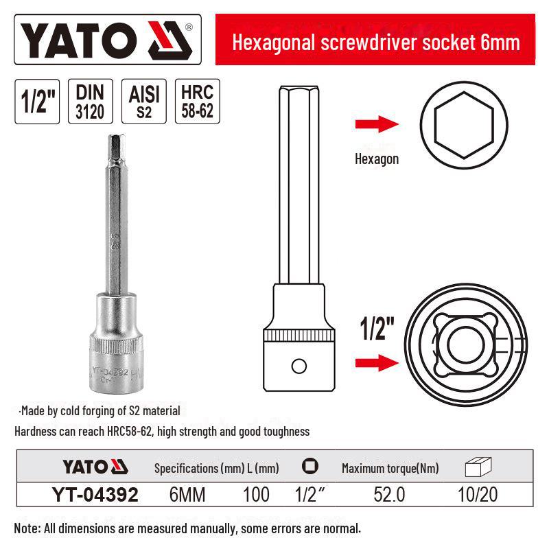 YATO 1/2" Hex Screwdriver Socket Set, S2 Batch Head, Chrome Vanadium Steel
