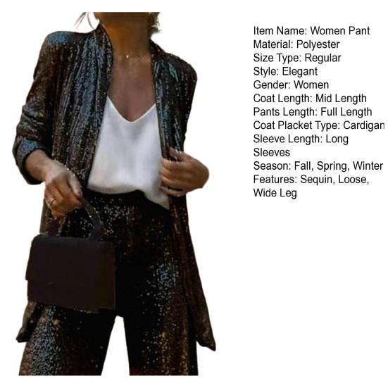 Women Pant Coat Shiny Sequin Formal Commute Style Solid Color Cardigan Long Seeve