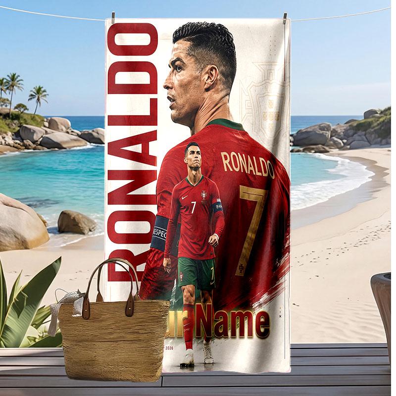 Asciugamano da Spiaggia Personalizzato Stampato Cristiano Ronaldo Logo Calcio Supporto Nome Personalizzato Testo Asciugamano Assorbente Per Sport Viaggio Regalo Speciale