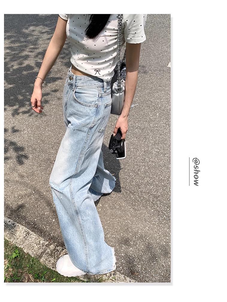 Spring/Summer 2024 Light Ripped High-Waist Wide-Leg Jeans for Women