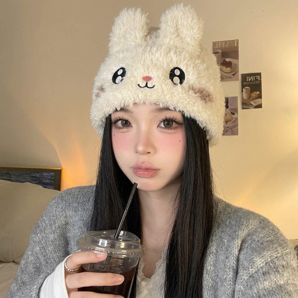 New cute rabbit ears plush hat women's winter warm and cold ear protection hat cartoon knitted hat versatile cold hat