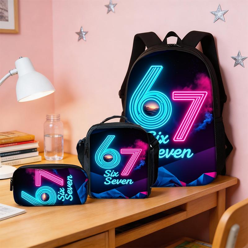 3pcs Neon Lights Number 67 Pattern Backpack Set Lightweight Large Capacity School Bag Travel Bag Shoulder Bag Pencil Bags Gift