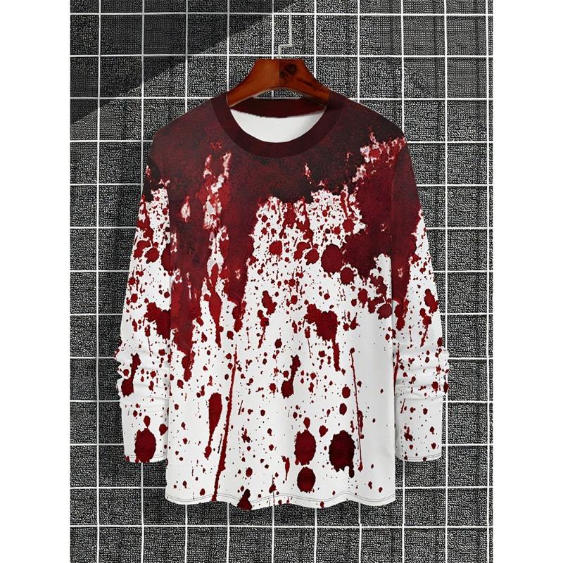 Druk 3D Horror Czerwone Plamy Krwi Wzór Halloweenowa Koszulka z Długim Rękawem Dla Mężczyzn Vintage Halloweenowa Impreza Osobowość OOTD Koszulka Top