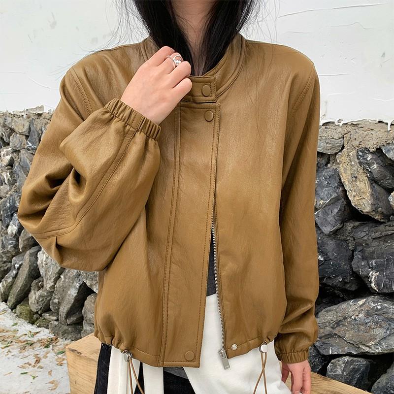 Womens Short PU Leather Jacket Loose Fit Stand Collar Casual Zip Front Outerwear