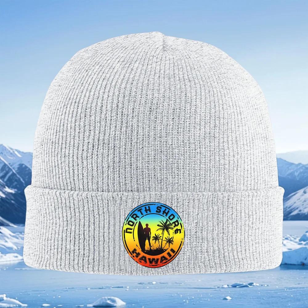 Surfer Palm Trees Hawaii Beach Logo Unisex Women Unisex Knitted Hat Beanie Pullover Cap Winter Thermal Warm Christmas Outdoor Cycli