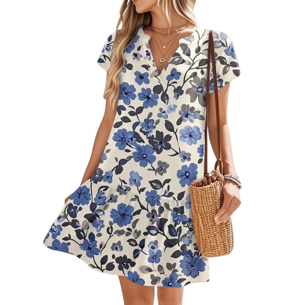 Women's Dresses Short Sleeve V-Neck Floral Printed Loose Casual Temperament Beach Dresses