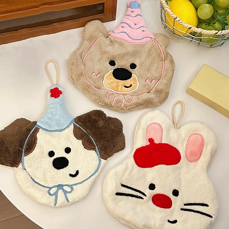 Cute Cartoon Animal Towel Hanging Kitchen Hand Wipe Thickened Handkerchief Rag Absorbent With Hanging Loop Bathroom Supplies