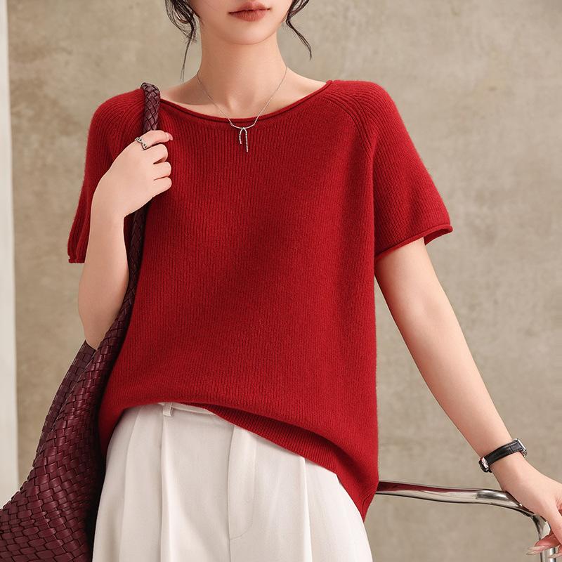 Spring And Autumn New Cashmere Wool Blended Curled Crew Neck Knitted Sweater Short Sleeve Women'S Solid Color Pullover Bottom Shirt