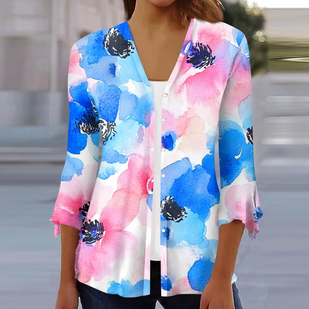 Moda Donna Blusa Cardigan Top Manica a Sette Parti Stampata Casual Ampia
