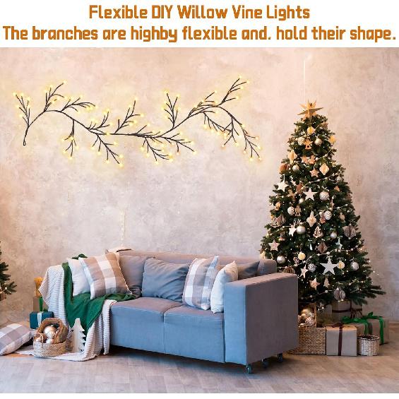 96 LED Willow Vine Lights 6FT Enchanted Wall Decoration Vine Lights 8 Modes for Home Indoor Wall Decoration (Warm White)