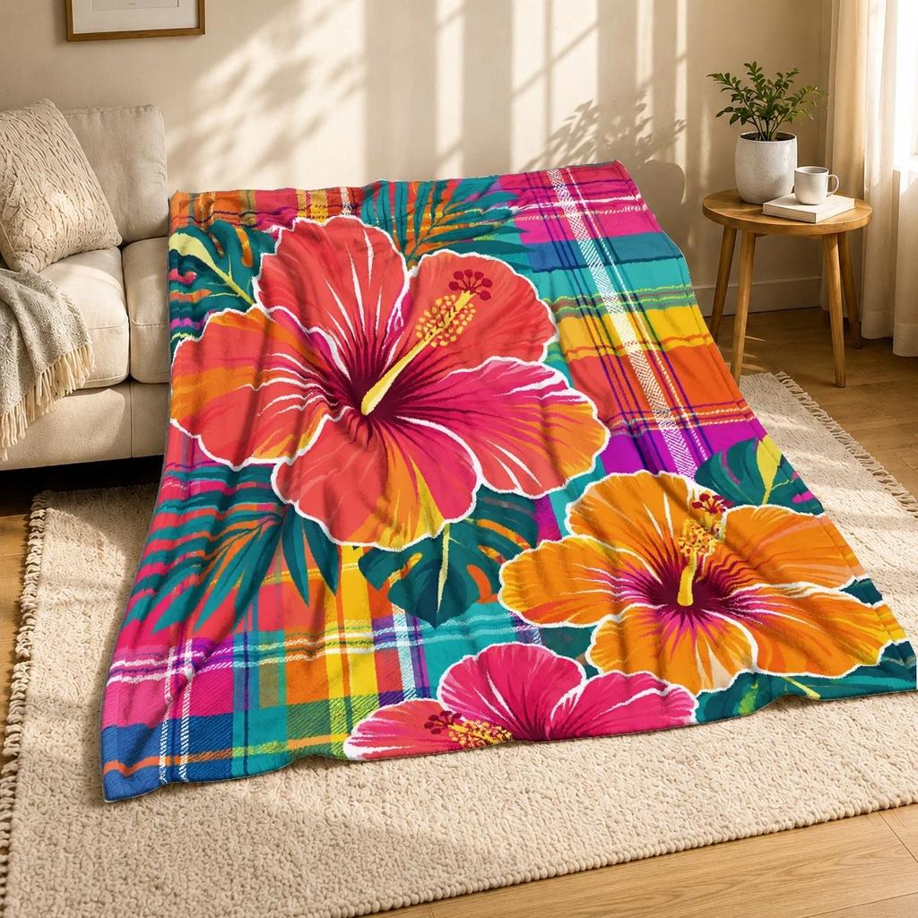 Tropical Plaid Hibiscus Coral Fleece Blanket Island Pattern
