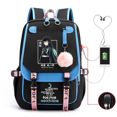 Manga de dibujos animados de Japón Demon Slayer Mochila USB de moda Gran capacidad Mochila para estudiantes con soporte para la columna 0021