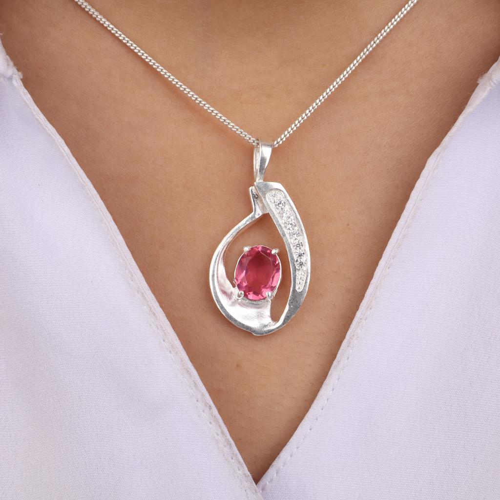 Pink Tourmaline Gemstone 925 Sterling Silver Zircon Jewelry Elegant Chain Pendant 1.4" For Gift CZP-16-4