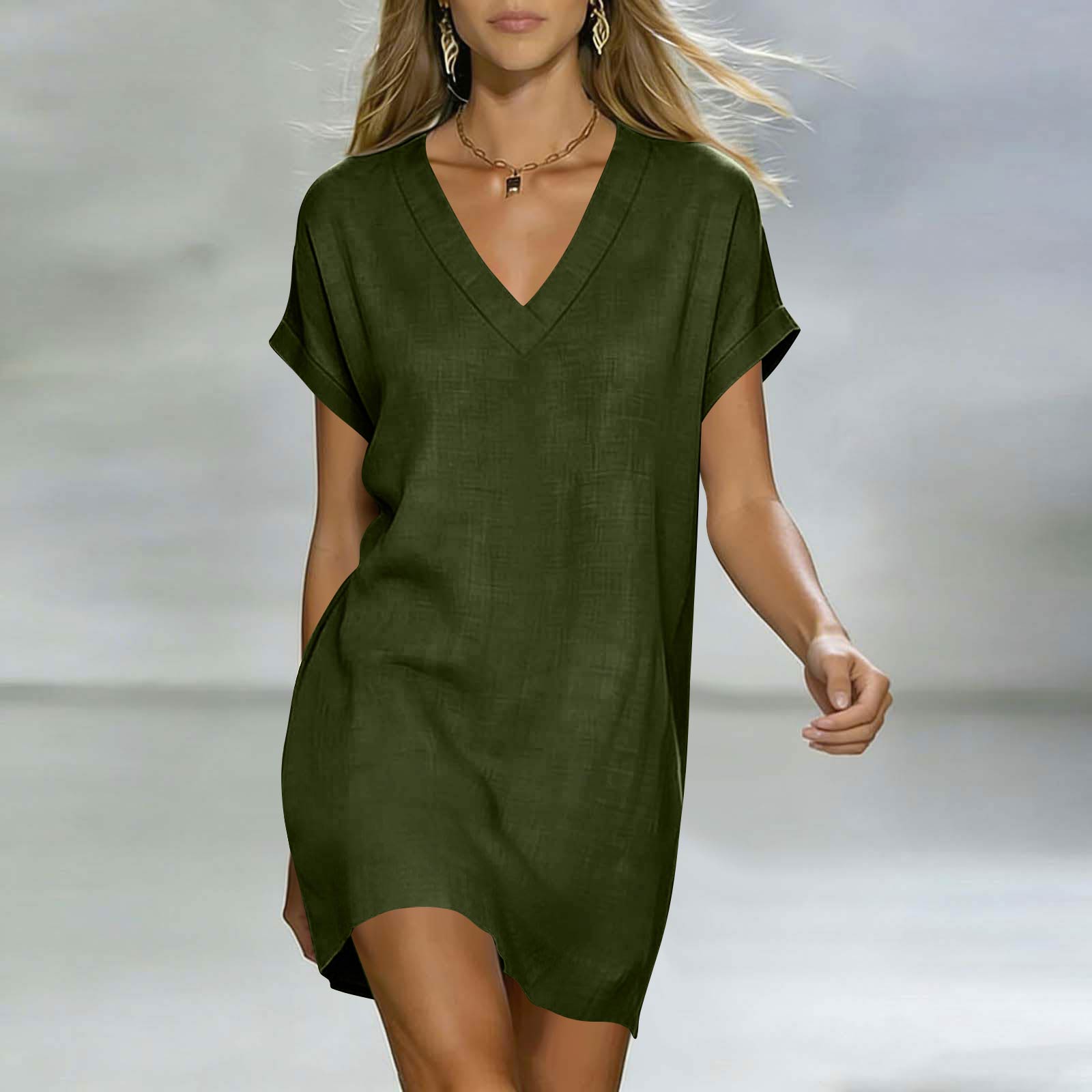 

Women Summer Dress Casual V Neck Drawstring Waist Short Dresses Beach Vacation T Shirt Dress With Pockets L армия зеленый