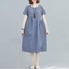 Real Shot Summer New Literary Loose Splicing Cotton and Linen Plaid Round Neck Short-sleeved Dress Women's Clothing Medium and Long