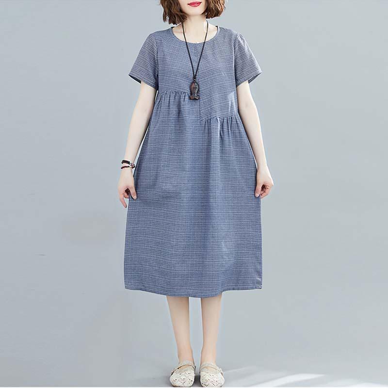 Real shot summer new literary loose splicing cotton and linen plaid round neck short-sleeved dress women's clothing medium and long