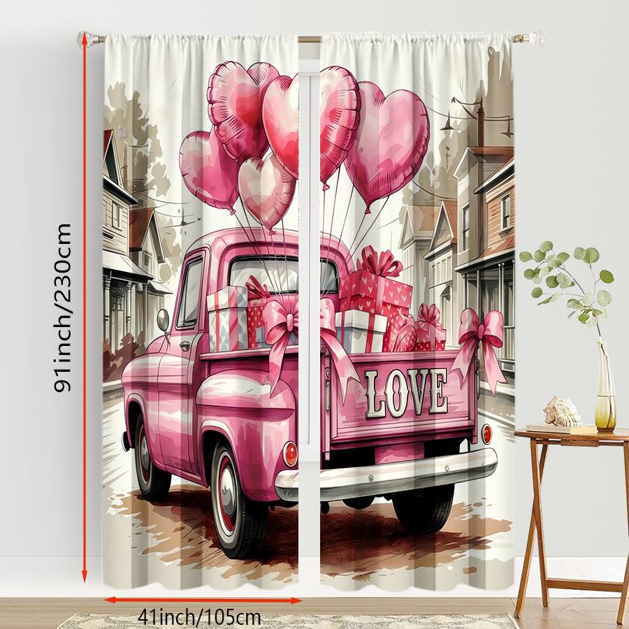 2PCS Pink Love Truck Romantic Curtains   American Sweet Element Style   Bedroom and Living Room   Drawbar Pocket Decoration