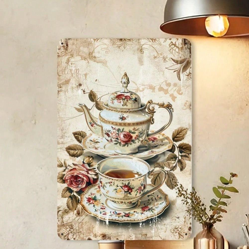 Vintage Rose Cup Metal Wall Poster 8x12 Inch Cafe Decor Gift