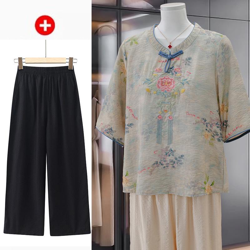 Elegant Summer 2026 Embroidered Cotton Linen Top - Short Sleeve, Breathable, Retro Wear for Mom On Mother's Day