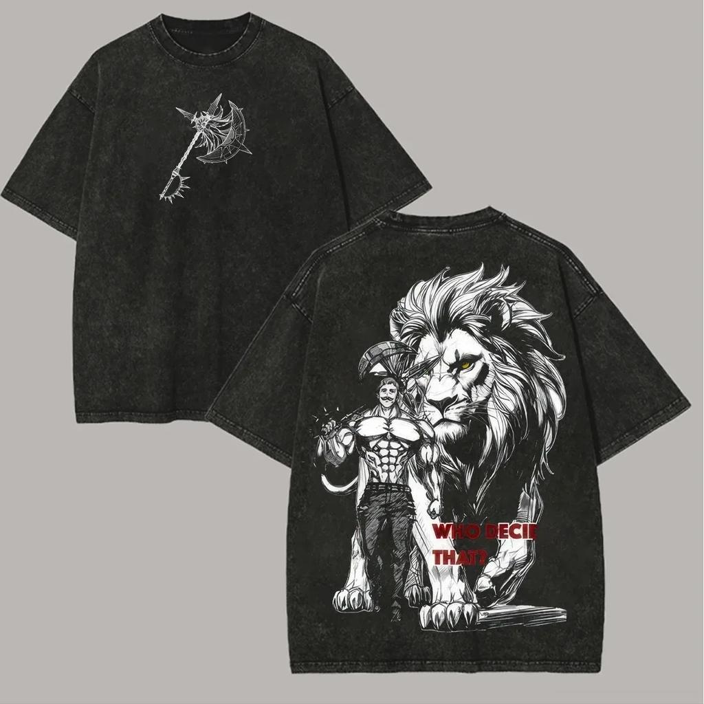 Anime-Liebhaber Sieben Todsünden Escanor Bedrucktes Unisex Gewaschenes Oversized T-Shirt Unisex Baumwolle Streetwear Kurzarm Unisex Kleidung