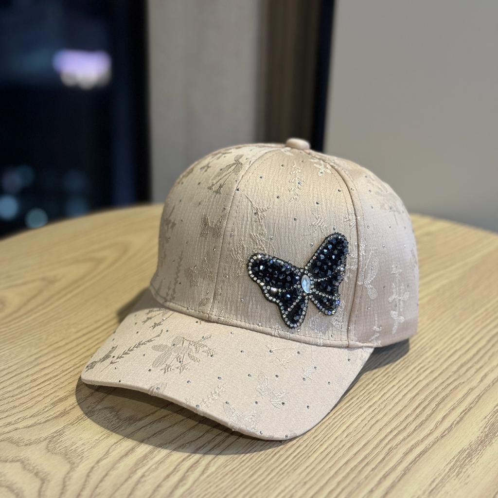 New rhinestone butterfly baseball cap for women, stylish and versatile for spring and summer, sun protection hat with lace pattern