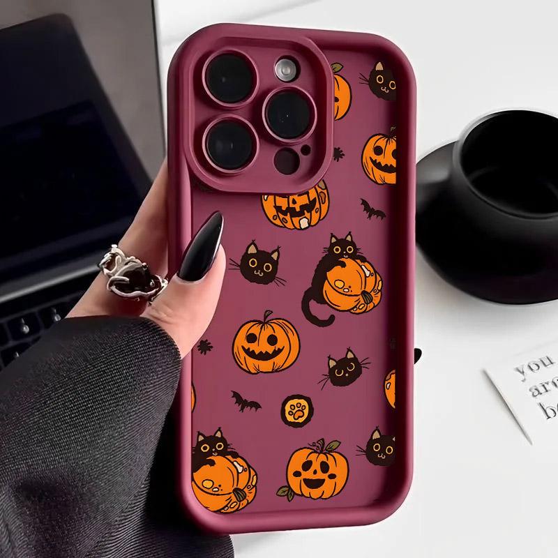 Halloween Cat Pumpkin Bat Silicone Soft TPU Phone Case for iPhone 16 Pro Max 15 Plus 14 13 12 11 17 Air 16E Shockproof Cover