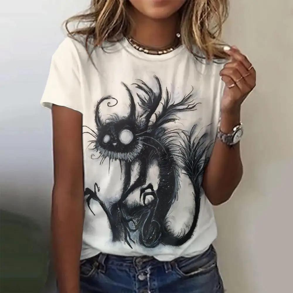 Summer Grey Funny Graphics 3D Print T-shirts Women Streetwear Casual Fashion Y2k Short Sleeve T Shirt O-neck Tees Tops Clothing