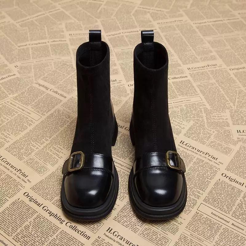 Autumn Women Knit Ankle Boots Fashion Metal Decoration Slimming Short Booties Autumn Winter Thick Heel Shoes