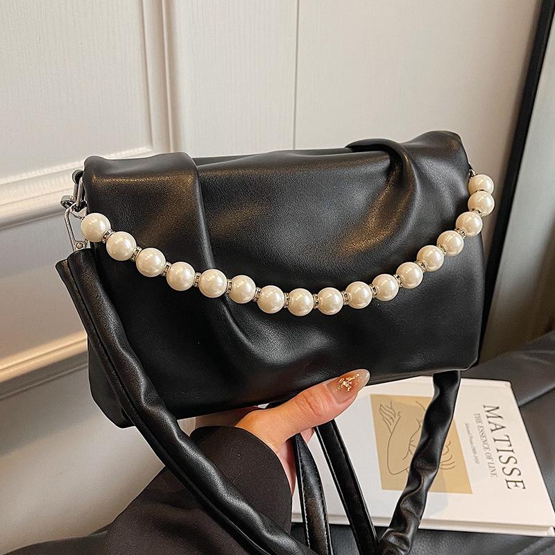 Spring New French Pleated Pearl Chain Small Square Bag Women's Fashion Simple Style High-end Single Shoulder Messenger Bag