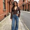 V-neck pleated top women's long-sleeved big horn sleeves European and American retro babes commuting slim-fitting and thin short bottoming shirt