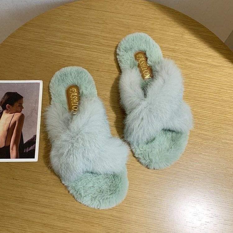 

Женские 2025 Корейский Стиль Пушистые Тапочки из Кроличьего Меха - Нескользящая Толстая Подошва, Плоская Подошва, Дизайн с Одним Ремнем для Ношения на Улице 35