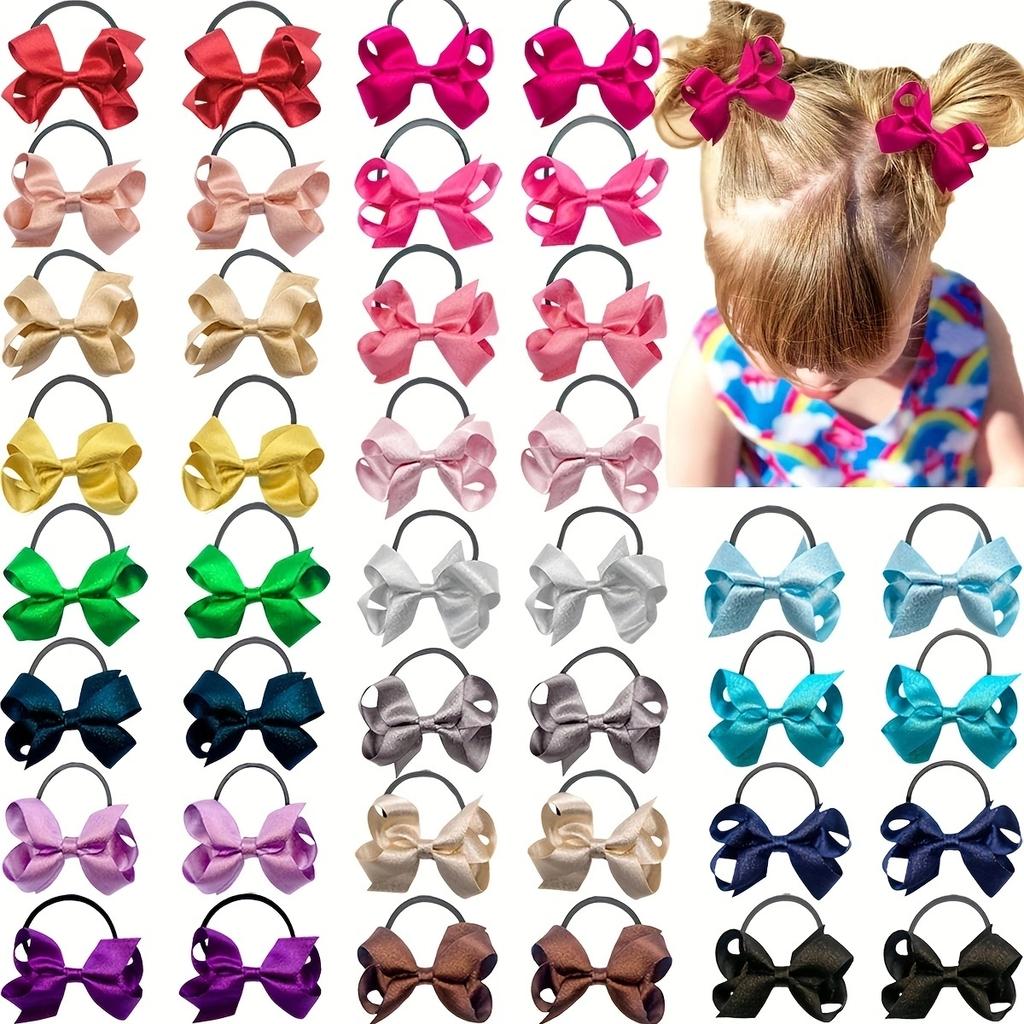 40Pcs Glitter Silky Ribbon 2.5" Hair Bows Pigtail Holders Elastic Ties Hair Bands For Baby Girls Toddlers Gifts In Pairs