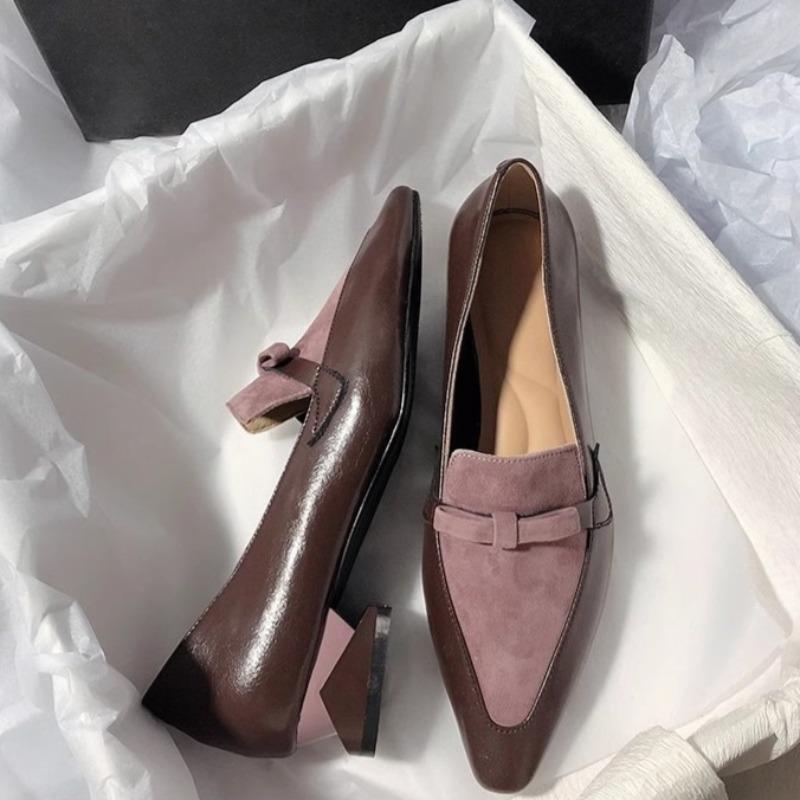 Shoes for Woman Small Leather Shoes Women's French Splicing Thick Heel Pointed Single Shoes Leather Versatile Loafers Woman