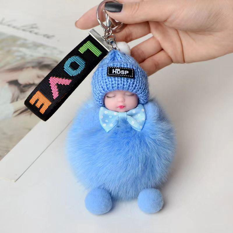Sleeping Baby Cute Fluffy Plush Doll Keychains Women Girl Bags Pendant Backpack Decoration Gift