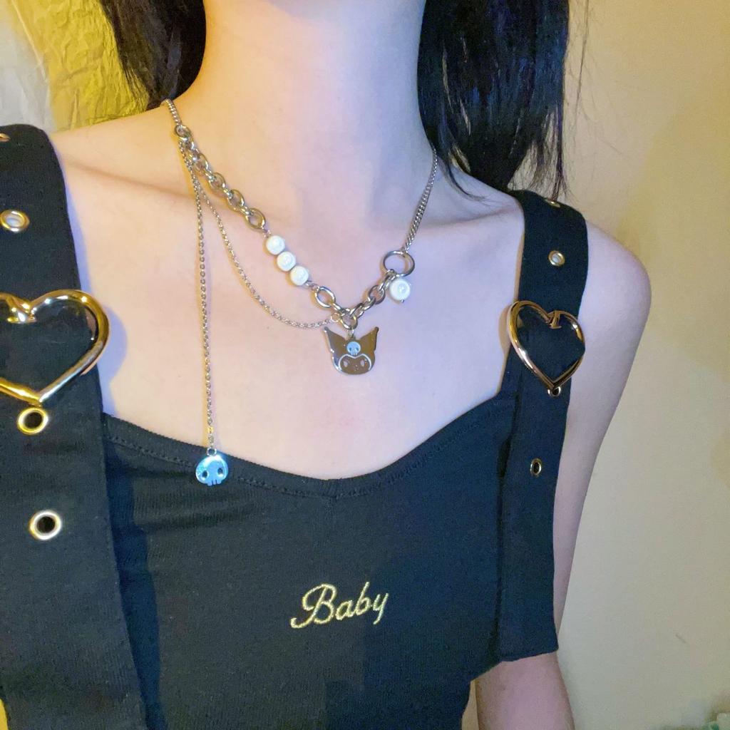 Indifferent Wind Japanese Kulomie Pendant Demon Skull Reflective Beads Non-Fading Titanium Steel Necklace Pearl Clavicle Chain