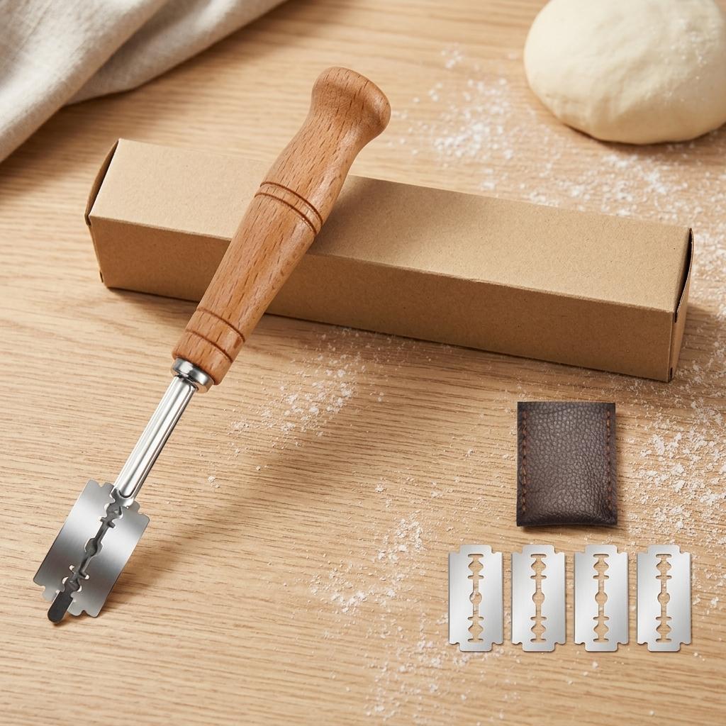 Stainless Steel Bread Scorer Wooden-Handle Curved Dough Cutter Tool For Baking