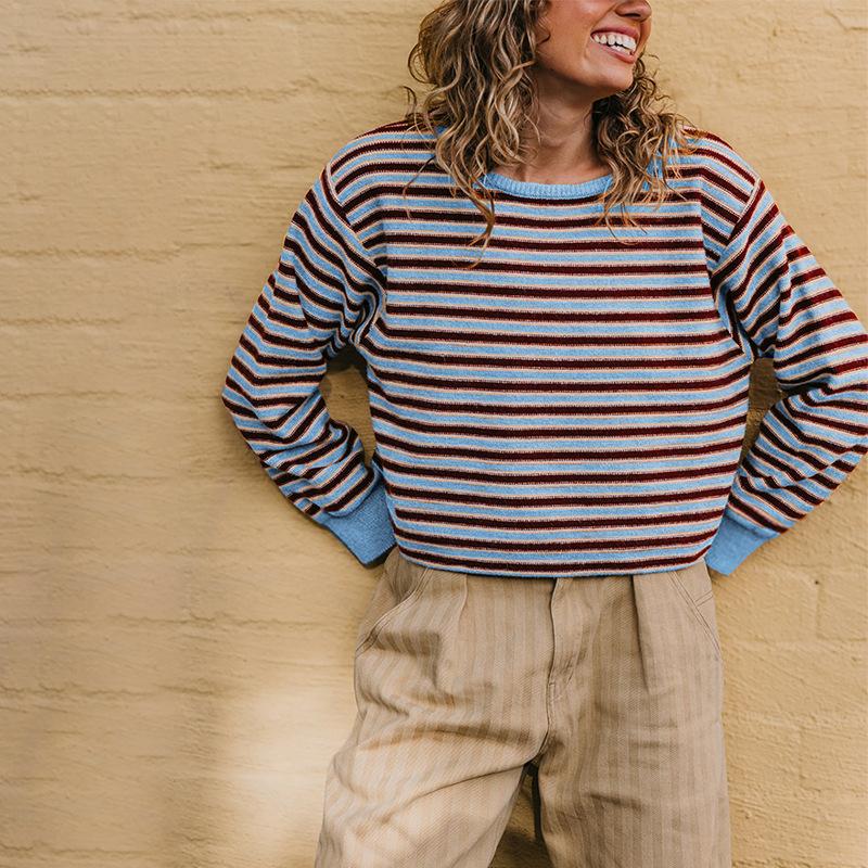 Crew Neck Women'S Knitted Versatile Fashion Autumn And Winter Striped Knitted Sweater Contrasting Color Loose Sweater