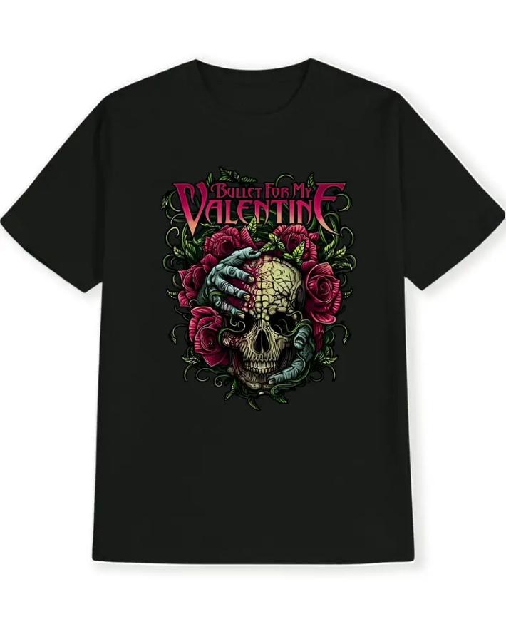 Bullet for My Valentine Patterned Tshirt Skull and Roses Rock Band Summer Casual Shortsleeved Crew Neck Top for Men and Women